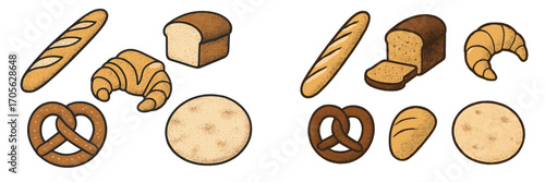 Assorted baked goods: baguette, croissant, pretzel, and bread loaf