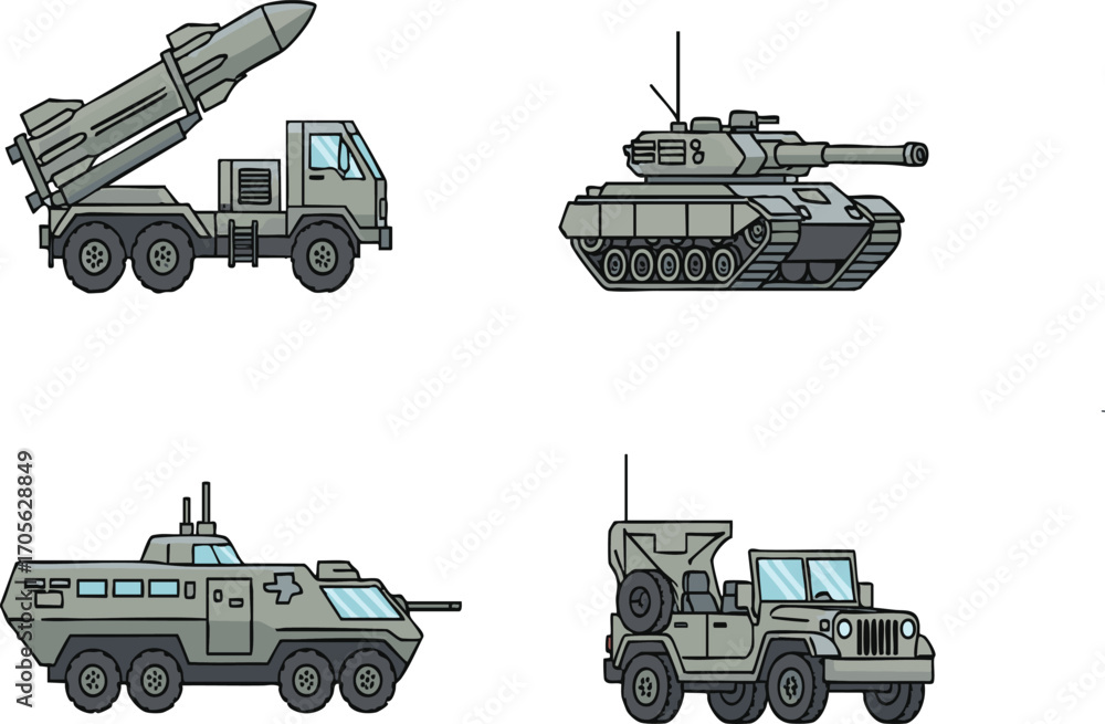Fototapeta premium Military vehicles stand ready for deployment on the base, showcasing modern warfare technology and preparedness for national defense.