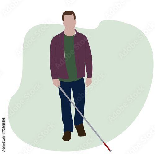 people character design blind young man walk with a walking cane.