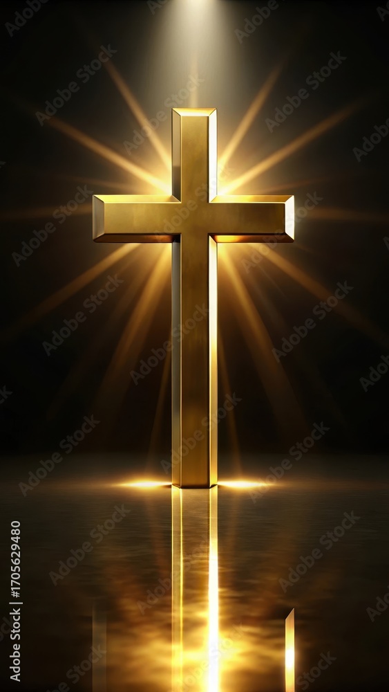 Naklejka premium Gold cross symbol on a dark background with subtle shine and reflections