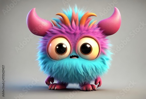 Cute colorful 3D cartoon monster with big round eyes, fluffy blue and pink fur, and small horns, designed in a playful fantasy style.