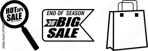 A set of three icons representing sales and shopping. The images include a magnifying glass with "Hot 50% Sale," a banner for an "End of Season Big Sale," and a simple shopping bag