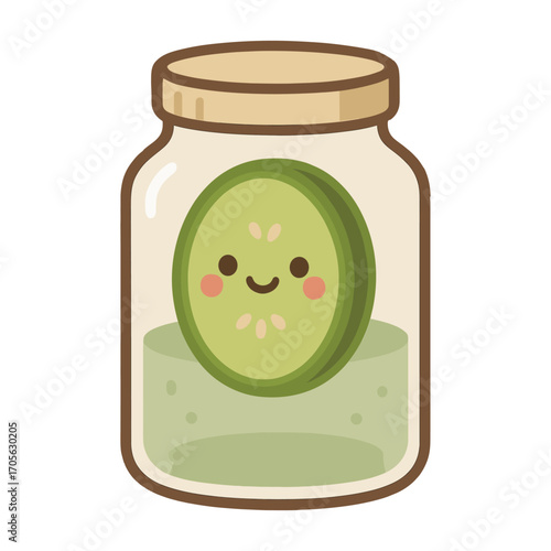 A cheerful, smiling kiwi slice inside a jar, symbolizing preserved food or healthy snacks. A cute, playful illustration perfect for food-related products or packaging.