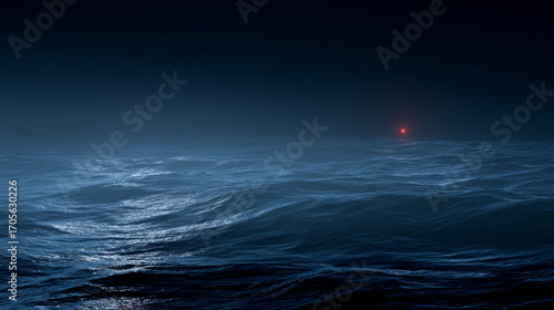 Dark ocean waves under night sky with distant red light on horizon, mysterious seascape illuminated by moonlight showing deep water texture and atmosphere