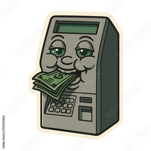 A cartoonish ATM machine with a smiling face, dispensing money, symbolizing cash withdrawal and financial access. A fun, playful illustration for banking or money-related themes.
