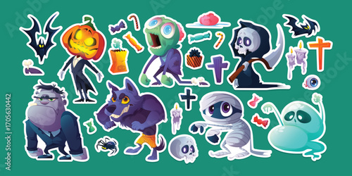 Halloween stickers with monsters, bats, candies vector illustration