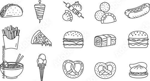 A diverse collection of fast food items, showcasing tacos, pizza, burgers, fries, and other popular street foods