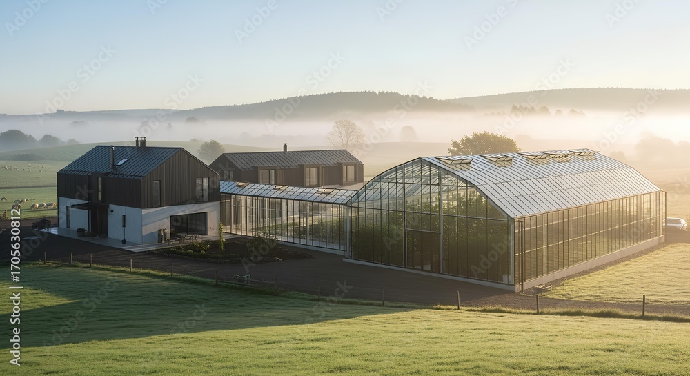Fototapeta premium Modern farmstead with greenhouse attachment, glass corridor linking volumes, morning mist in fields