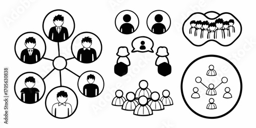 Illustration depicting various group dynamics and social connections in a network diagram format