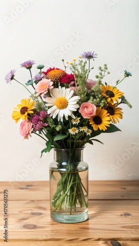 Wallpaper Mural A colorful arrangement of wild flowers in a vintage glass vase with a rustic wooden background Torontodigital.ca