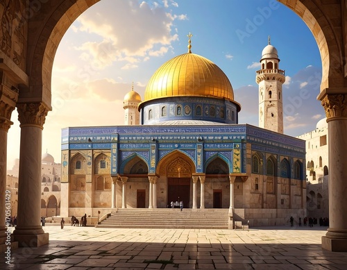 Golden Dome bathed in sunlight, seen through archway