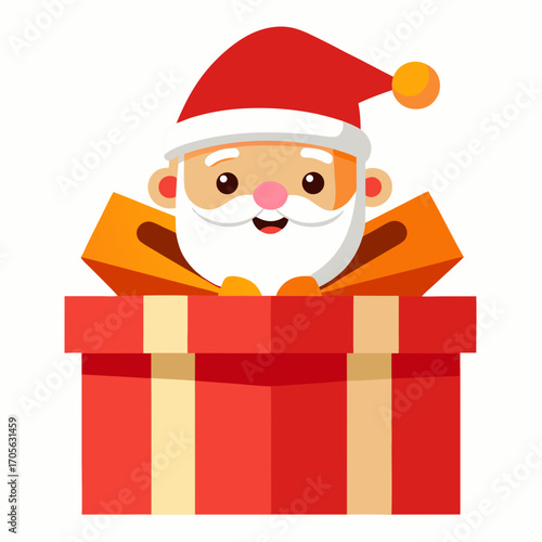Flat vector of Santa peeking out of a giant gift box, isolated on white background