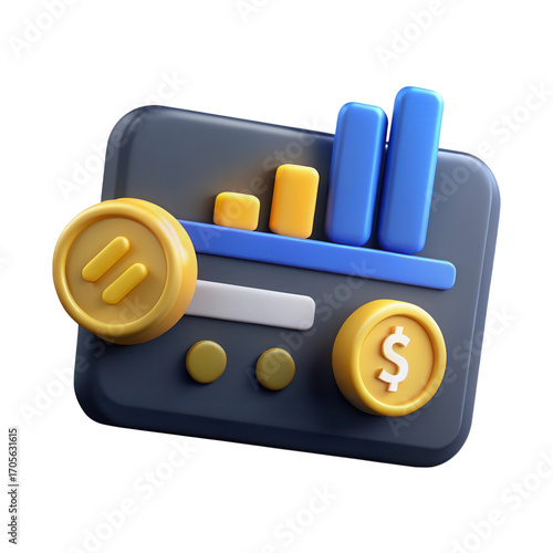 3d financial growth chart with golden coins and dollar symbol isolated on transparent background