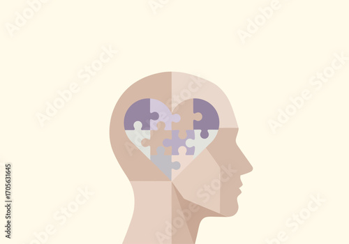 vector illustration of a human head silhouette with a heart-shaped puzzle inside for a World Mental Health Day concept of self-love and mental healing.