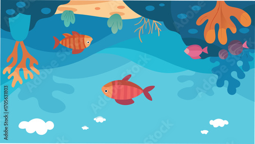 Peaceful underwater scene with a giant squid and small fish vector illustration