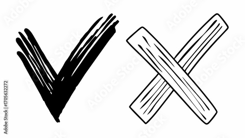 A graphic representation of a check mark and an x mark in black and white with a hand drawn style design