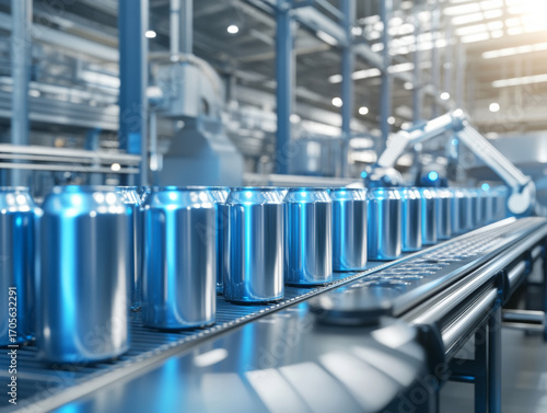 Row of shiny aluminum cans production line modern factory with robotic arms and industrial equipment, reflecting bright lighting and clean environment, showcasing automated beverage canning