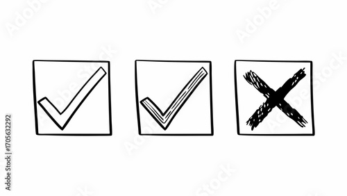Three hand drawn check boxes with two check marks and one x mark in black and white design style