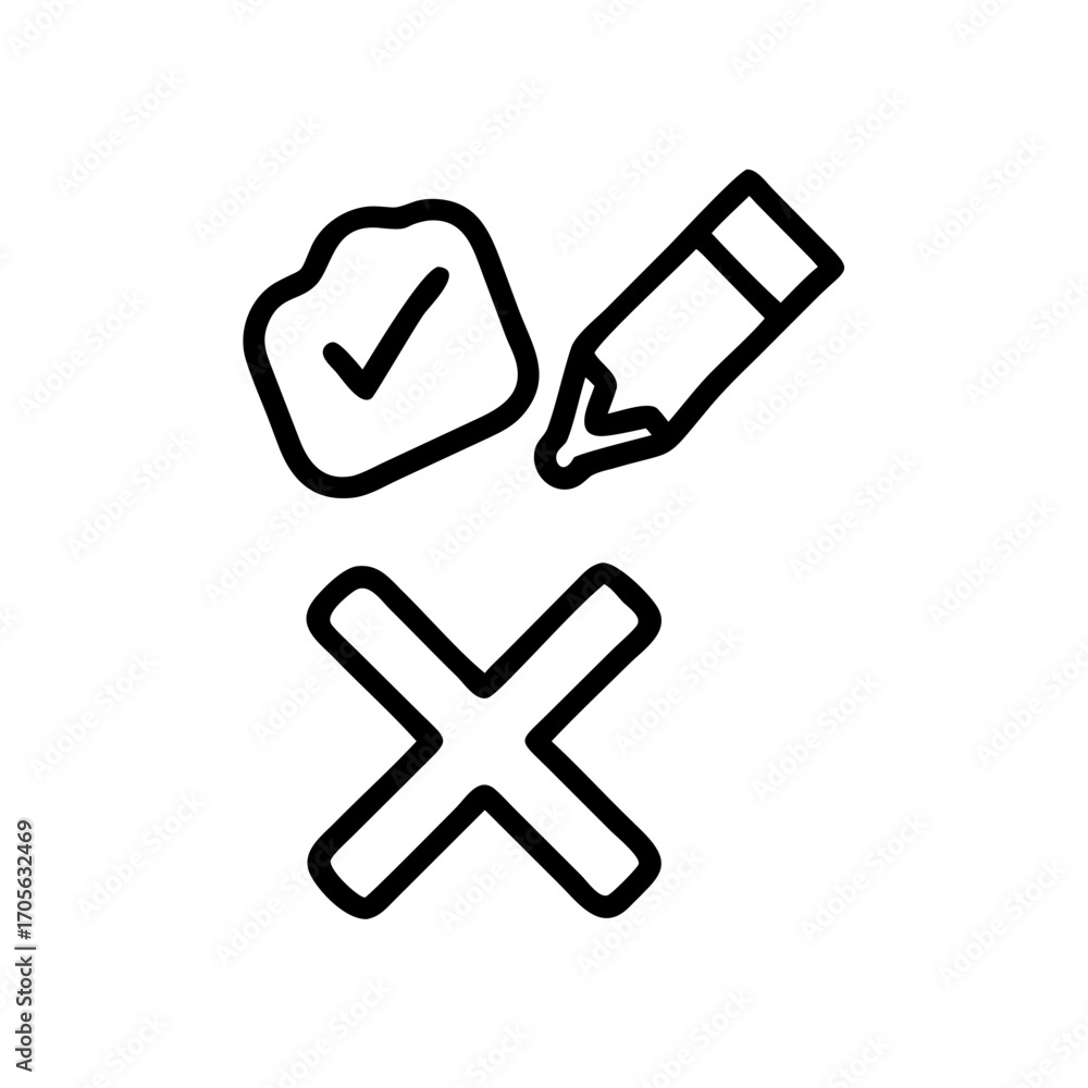 Fototapeta premium Illustration showing a check mark on a stone, a pencil, and a large x mark in black outline design