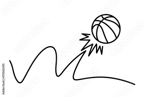 Minimalist line art of a bouncing basketball icon. Vector illustration showing the motion and impact of a sports ball.
