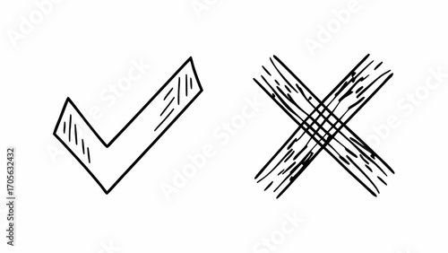 Hand drawn check mark and x mark in black and white representing acceptance and rejection with line details