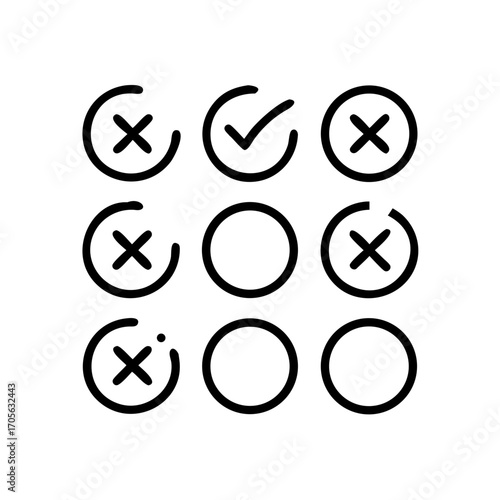 Arrangement of check and cross symbols inside circles in a grid pattern on a plain white background view