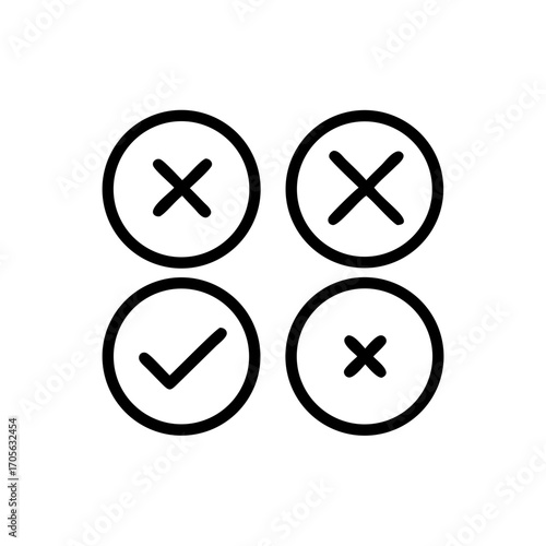 Four outlined circles containing three crosses and one check mark on a white background in a square layout