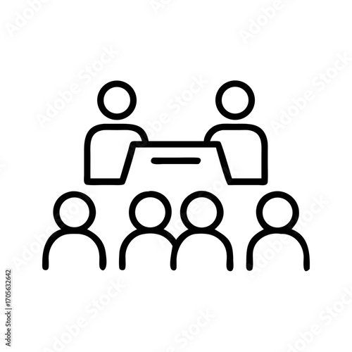 Outline icon of a meeting with two people at a table and five people in the audience, simple line drawing