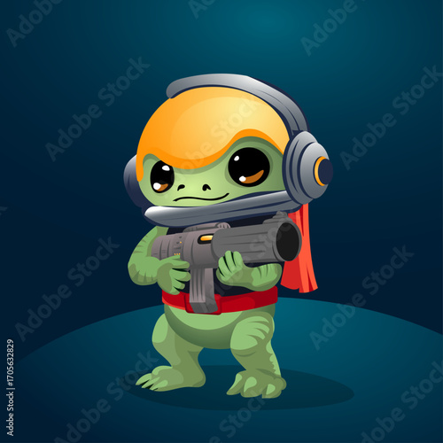 Fictional character space toad with a gun flat vector on a dark planet background