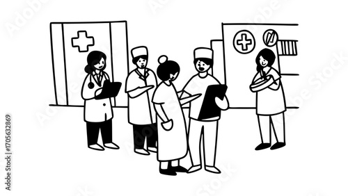 Doctors discussing patient case outside hospital building in black and white illustration style art