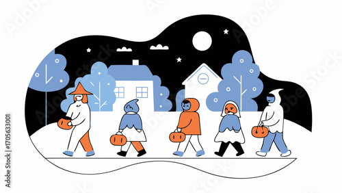 Children in costumes trick or treating under the moonlight with houses and trees in the background night scene