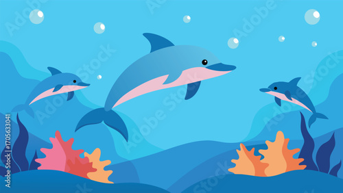 Peaceful underwater ocean world with small colorful fish and coral reef illustrations