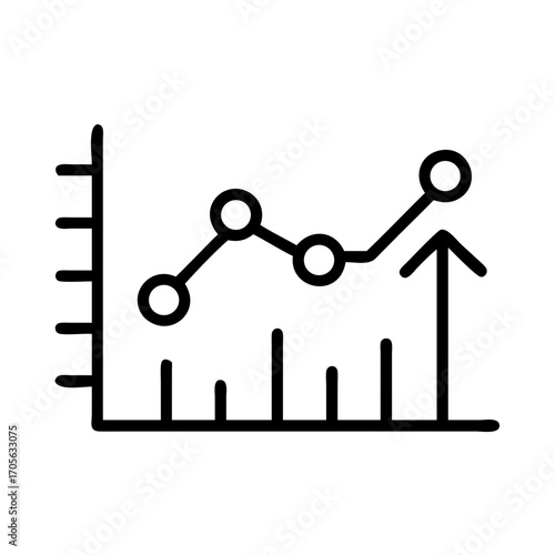 Line graph with upward trend and circular data points on a chart with axis and arrow pointing up
