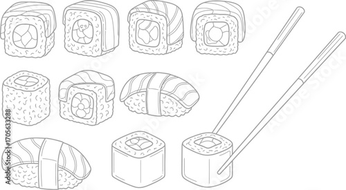 Illustration of sushi and chopsticks, showcasing japanese cuisine and culinary traditions with a minimalist aesthetic