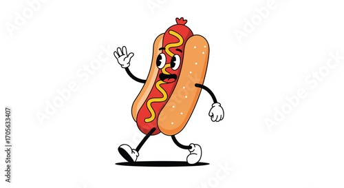 A cartoon hot dog character with a distressed expression walks waving its hand.