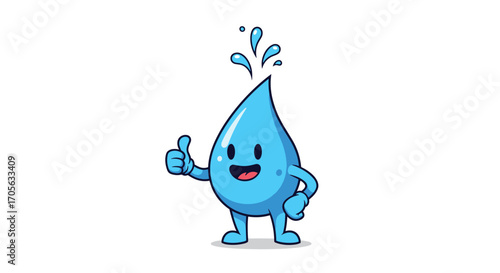 A cheerful cartoon water droplet giving a thumbs up with splashes.