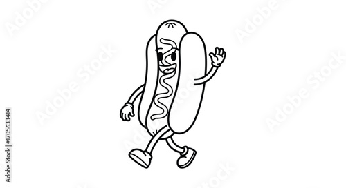 A cartoon hot dog character waving hello on a white background.