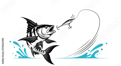 A large fish leaps from the water to catch a fishing lure.