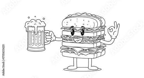 A happy cartoon burger holding a beer mug and giving a thumbs up.