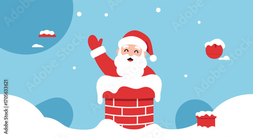 Santa claus waving from a chimney during a snowy christmas eve.