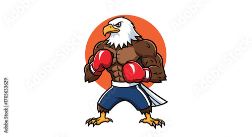 A muscular eagle wearing boxing gloves and shorts stands in a fighting pose.
