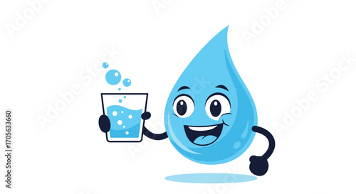 A cheerful cartoon water droplet holding a glass of water with bubbles.