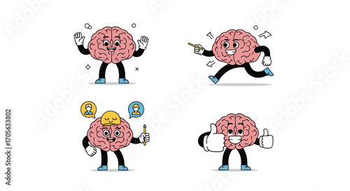 Four cartoon brains showing different actions and emotions.