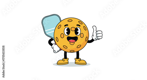A cartoon pickleball character with a paddle gives a thumbs up.