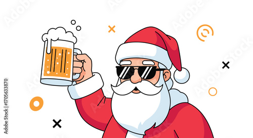Cool santa claus wearing sunglasses holding a beer mug for christmas cheer.
