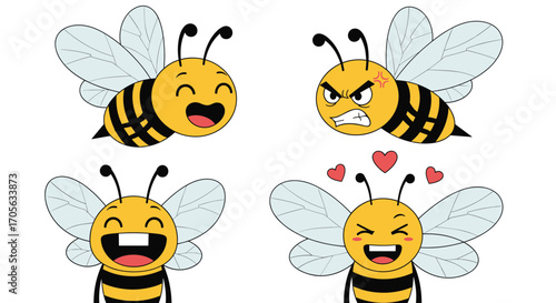 Four cartoon bees showing different happy angry and loving emotions.