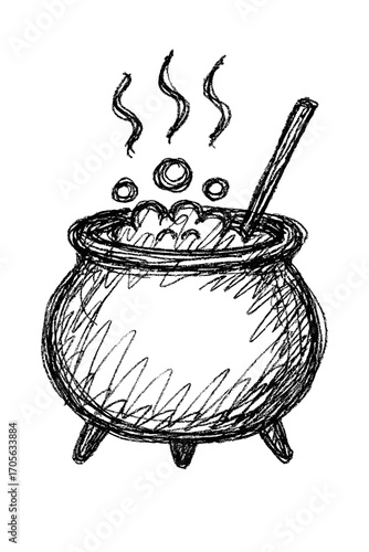 Steaming cauldron with ladle in pencil and crayon hand drawn style for Halloween magic potion sketch - monochrome spooky icon