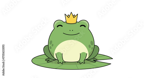 A cute cartoon frog with a golden crown sits happily on a lily pad.