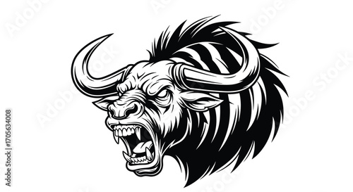 Fierce wildebeest head in black and white with sharp teeth.