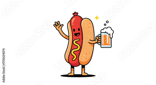 A happy hot dog holding a frothy beer mug and waving hello.